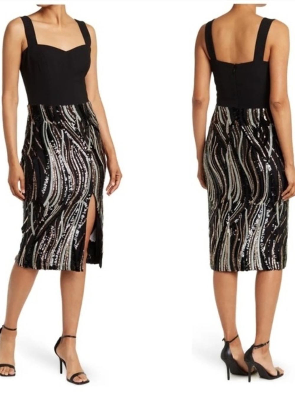 Black Sequin Pencil Skirt with Metallic Wave Detail
